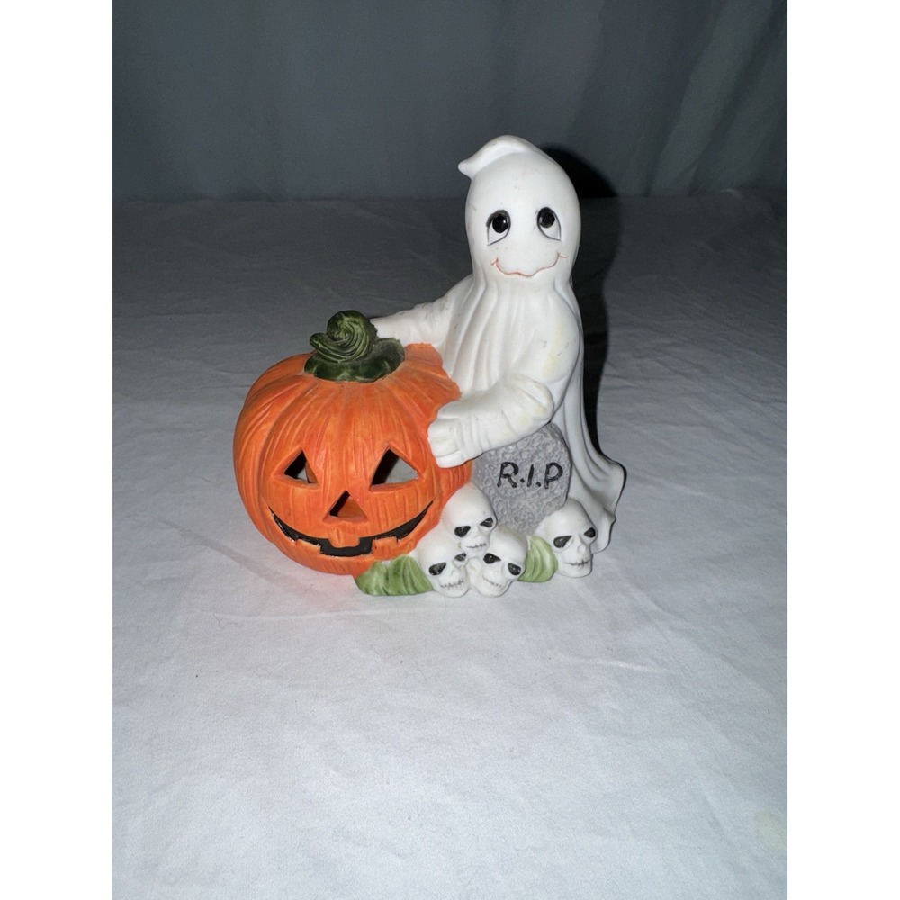 Tea Light Ghost Pumpkin Skulls R.I.P. Candle Figurine Ceramic Halloween VTG